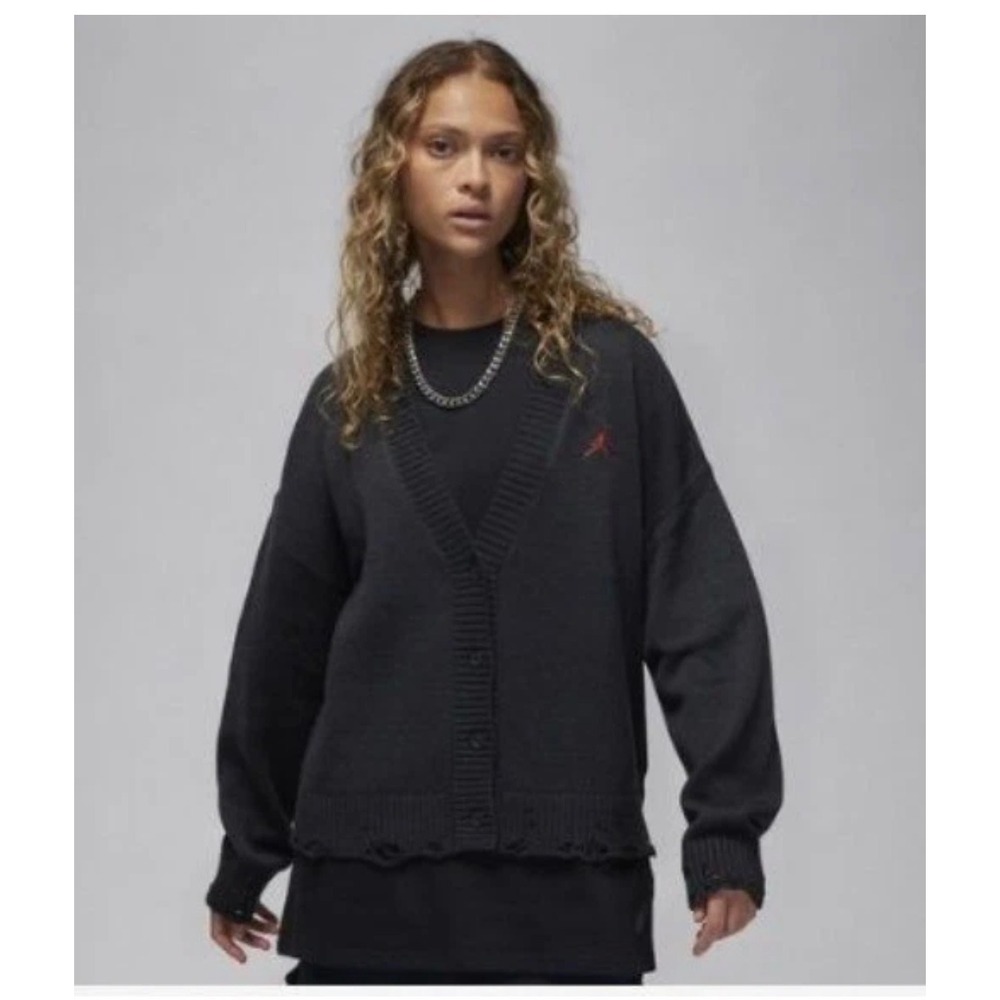 Jordan Flight Womens Distressed Cardigan Black Knit Jumpman Sweater DQ4615-010 M